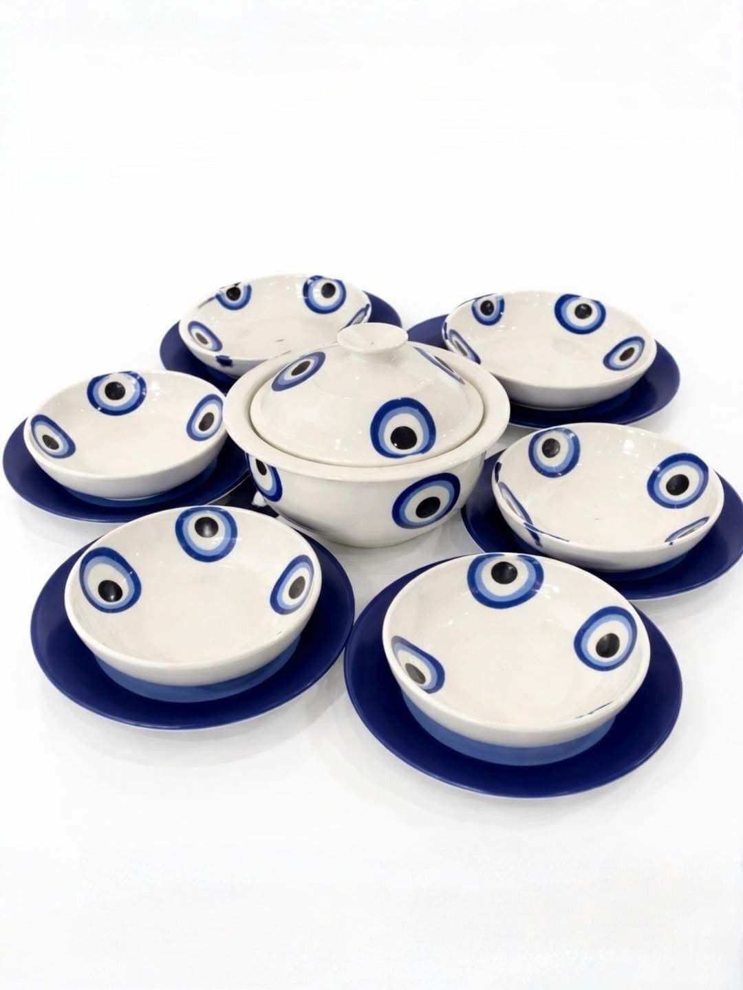 🍽️Service “Bleu Prestige – Œil Protecteur” – 14 pièces (pour 6 personnes)